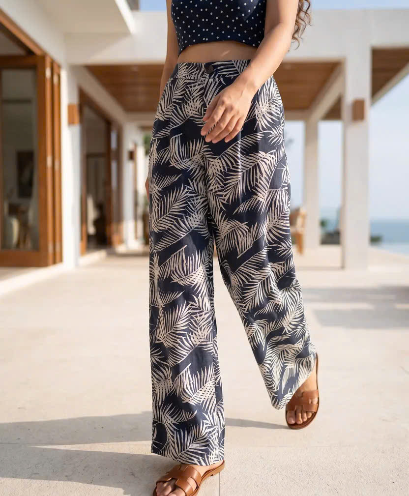 Quần Ống Rộng Linen Lá Cọ Xanh Navy Pan055 Thời trang Hity