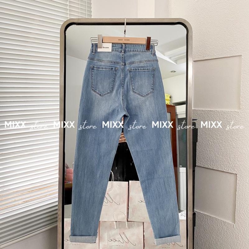 Quần Jean Nữ Slimboy Denim rách 1 bên gối lưng cao chất co giãn thoải mái phom trẻ trung