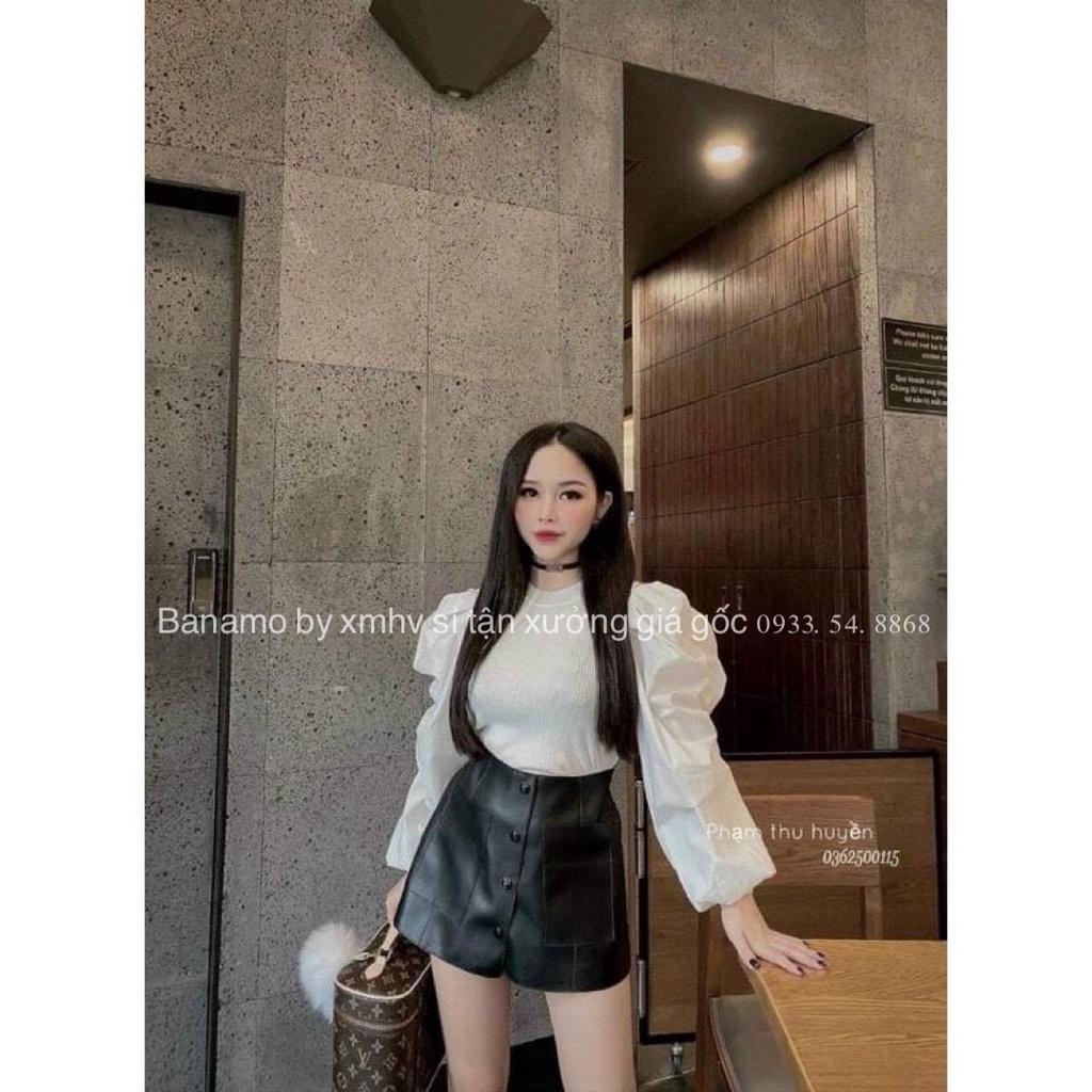 Quần váy da phối khuy 2 túi trước màu đen nâu thời trang 696