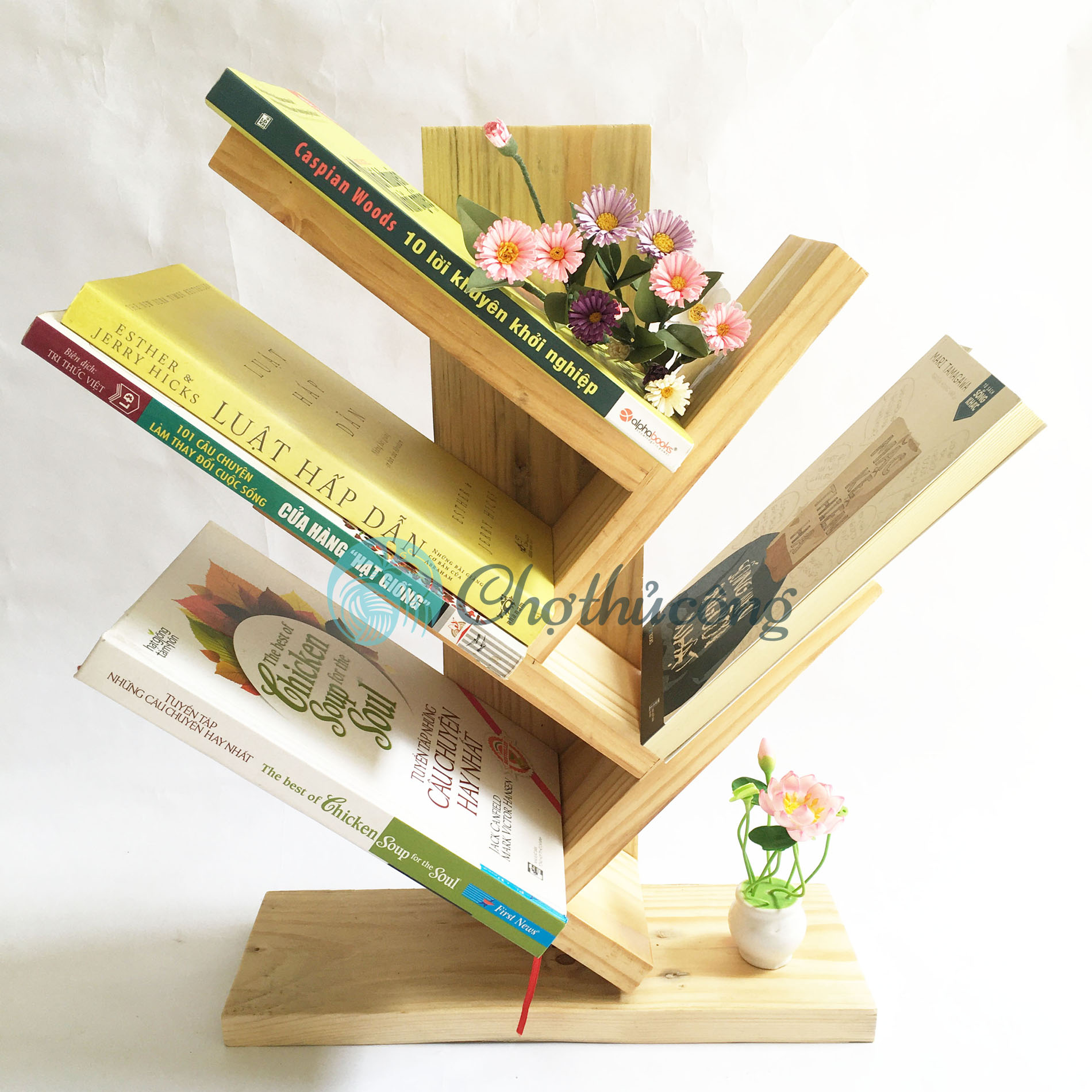 Giá sách để bàn - Kệ sách gỗ thông xương cá - Kệ sách để bàn học, bàn làm việc size S KT 35x20x14cm