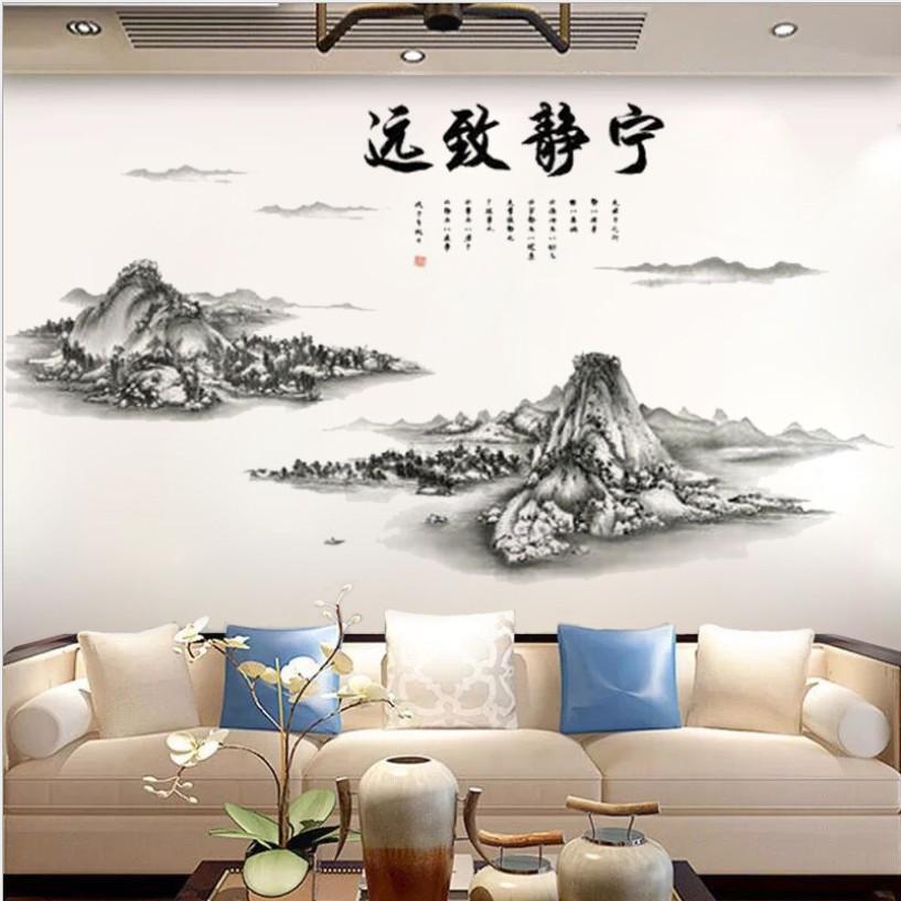Decal trang trí tường - Phong Cảnh Sơn Thủy đen kèm chữ