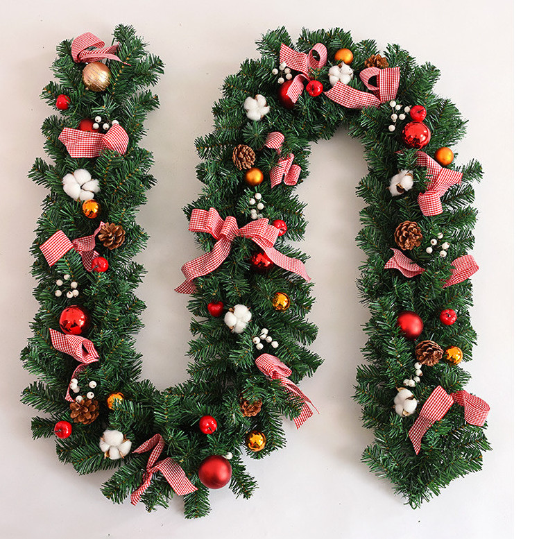 Dây Lá Thông KCS01 Nơ Vải Ca Rô Đỏ Trang Trí Noel Giáng Sinh