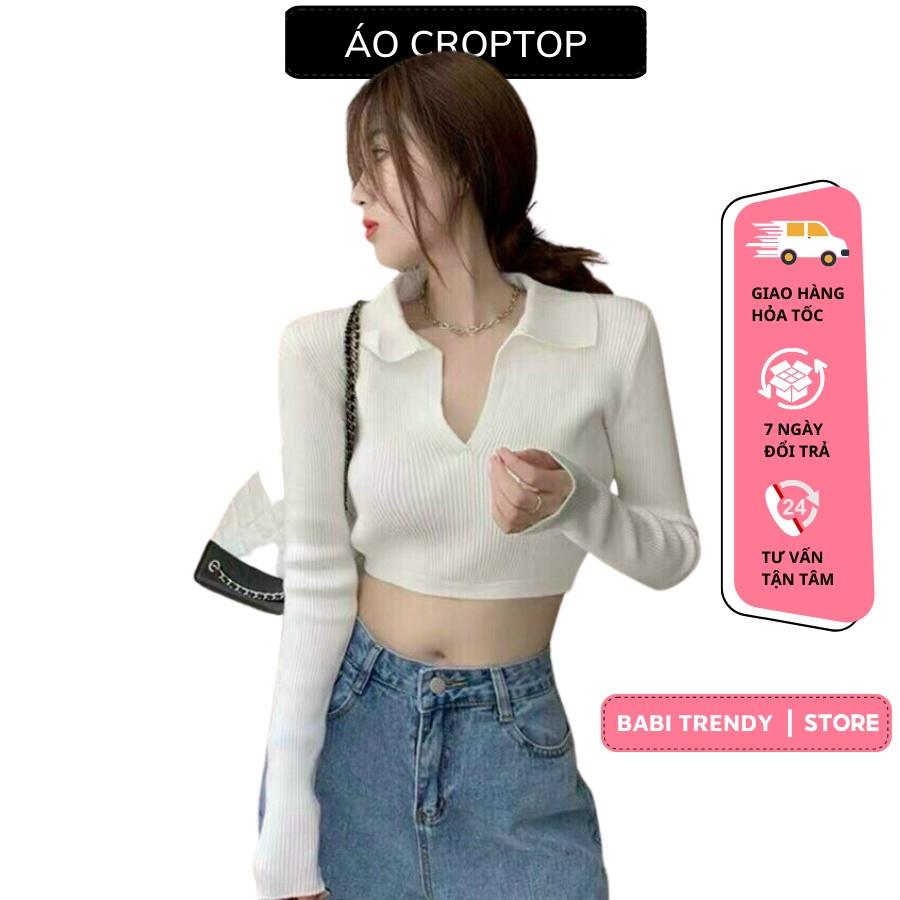 Áo Croptop Nữ Cổ V tay dài ôm dáng gợi cảm phong cách hàn quốc trẻ trung năng động - Babi Trendy CT27