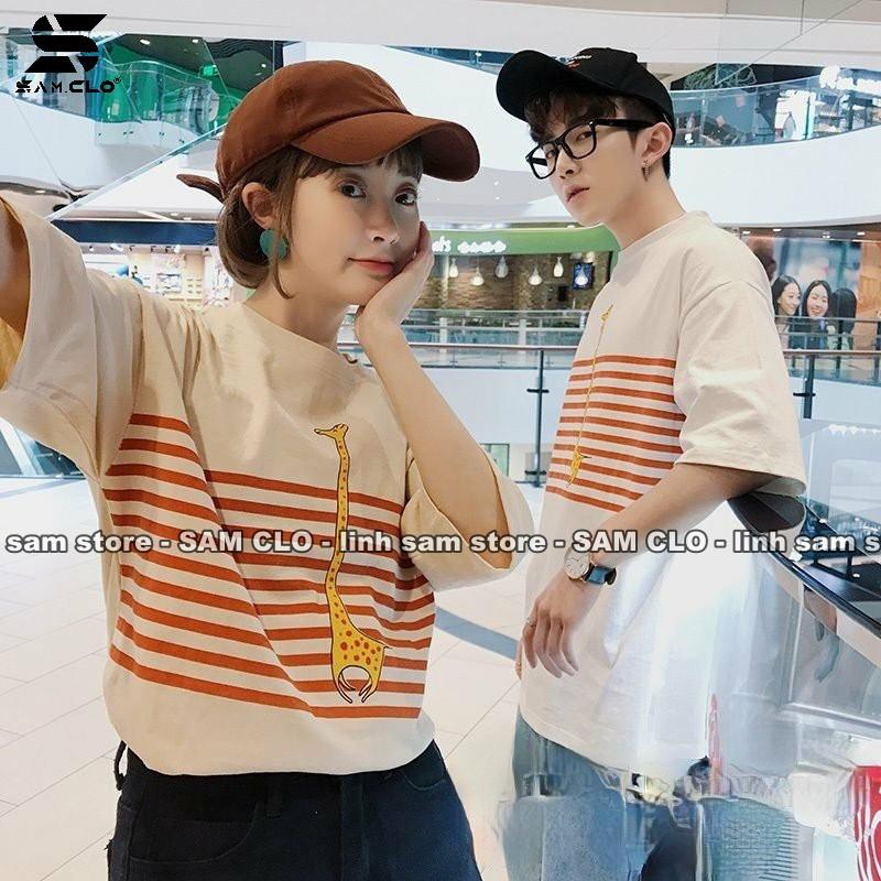Áo thun tay lỡ nữ freesize phông form rộng dáng Unisex - Ulzzang mặc cặp, nhóm, lớp sọc in hình HƯƠU CAO CỔ