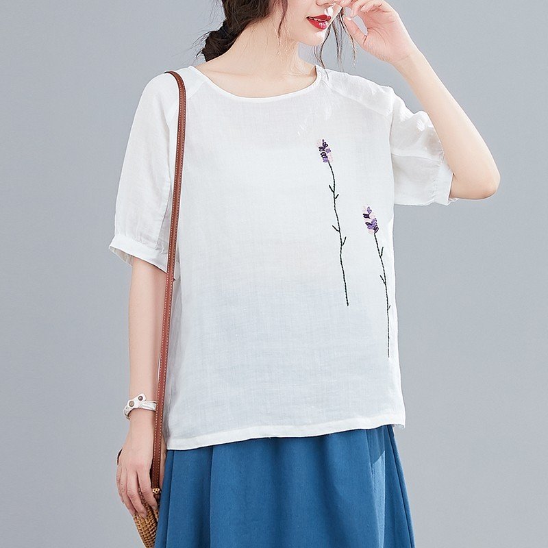 Áo kiểu nữ cổ tròn ngắn tay form rộng, chất đũi mềm mát, dễ chịu khi mặc Haint Boutique Ale40