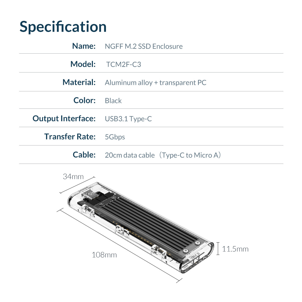 Hộp Ổ Cứng ORICO TCM2F-C3-BK M.2 SATA Type C Tốc Độ 5Gbps - Hàng Chính Hãng