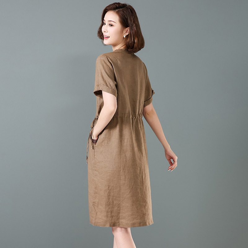 Váy sơ mi cổ V cộc tay dáng dài, Váy linen cao cấp che khuyết điểm tôn dáng Haint Boutique Da172