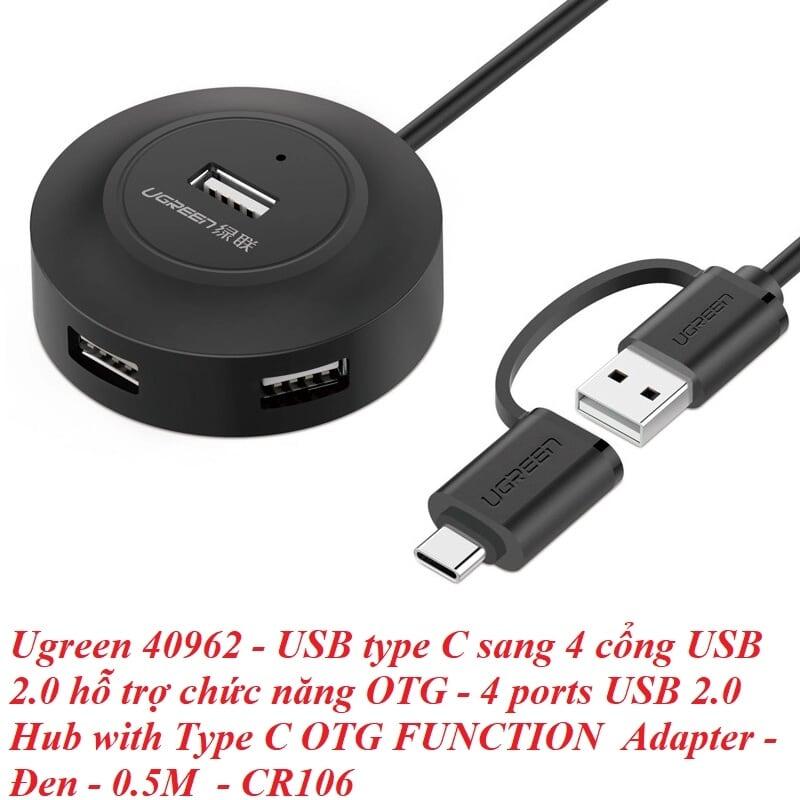 Ugreen UG40962CR106TK 0.5M Màu Đen Bộ chuyển đổi TYPE C sang 4 USB 2.0 + nguồn MICRO USB hỗ trợ OTG TYPE C - HÀNG CHÍNH HÃNG