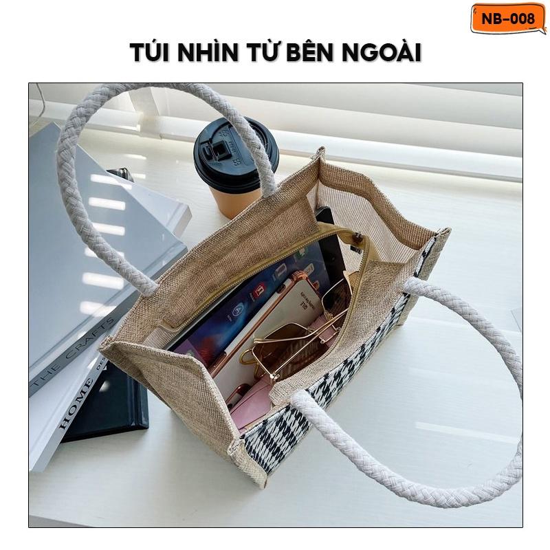 Túi Cói Đi Biển Có Quai Xách Phong Cách Vương Giả Nữ Tính Hoạ Tiết Caro Nhiều Màu Size 21x21cm NB-008