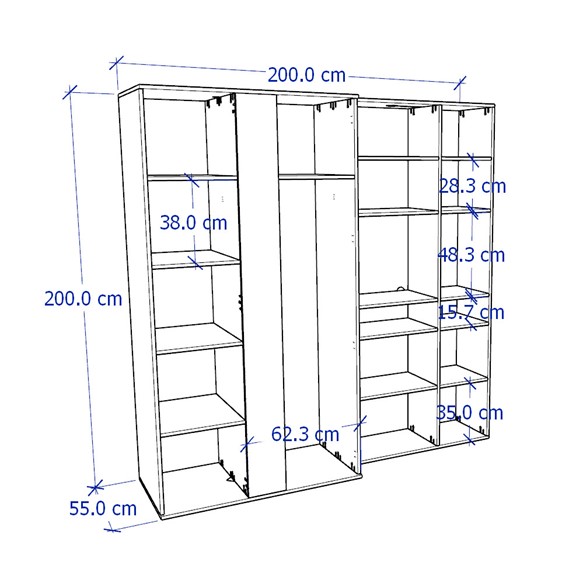 SOSIA, COMBO Tủ quần áo kèm kệ lưu trữ đồ dùng WAR_032, 200x55x200cm