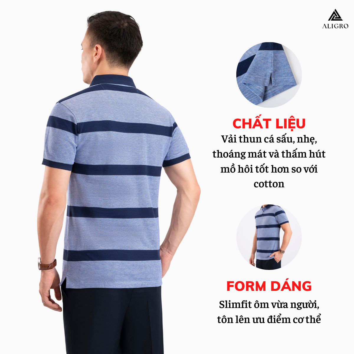 Áo Polo nam ngắn tay kẻ ngang navy-xanh ALGPLO97