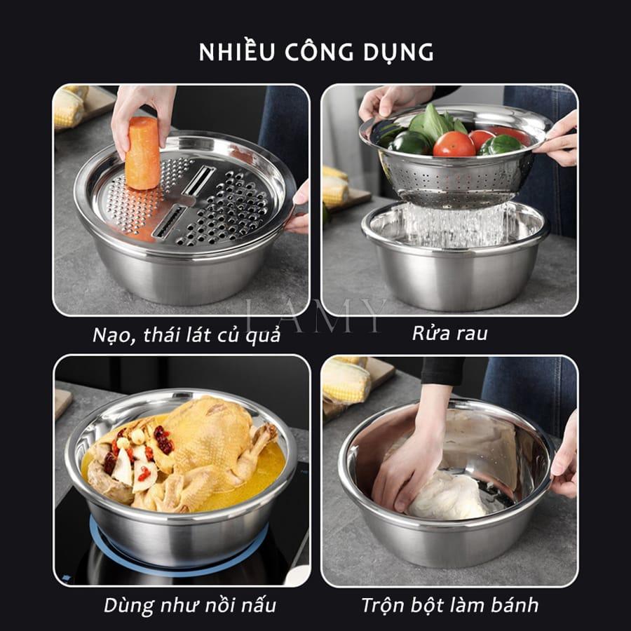 Bộ Bào Nạo Rau Củ Kiêm Rổ Và Chậu Inox Cao Cấp Đa Năng Tiện Dụng