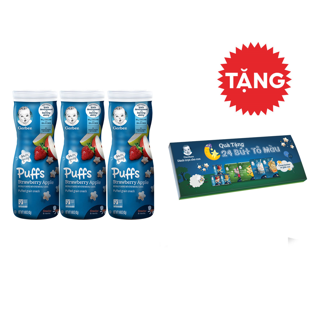 Gift Set 3 Gerber Puff Dâu Táo - Tặng Bộ Chì 24 Màu