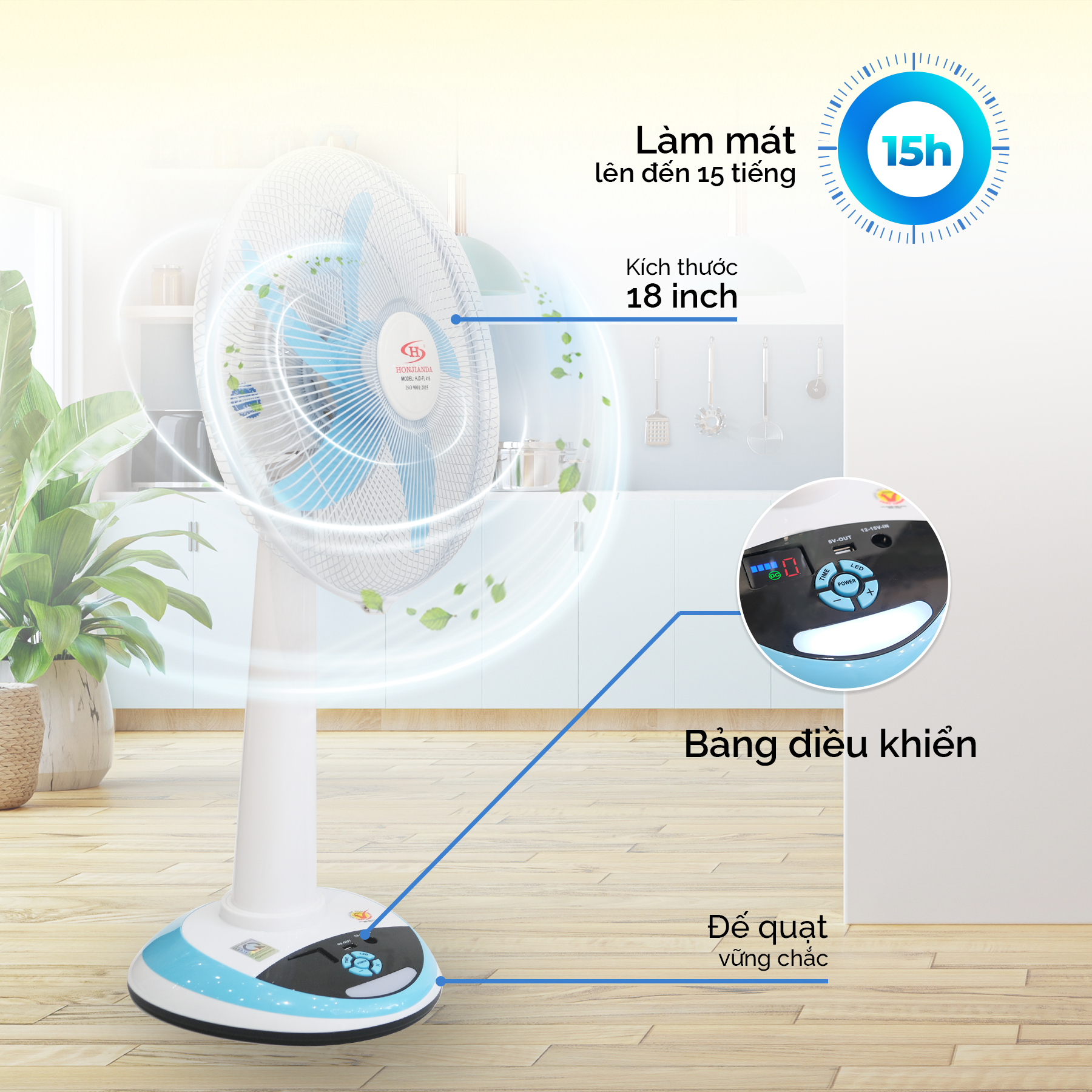 Quạt Sạc Tích Điện 16 Inch Honjianda HJD-FL416H Tích Hợp Đèn LED Và Cổng Sạc USB - Màu Ngẫu Nhiên - Hàng Chính Hãng