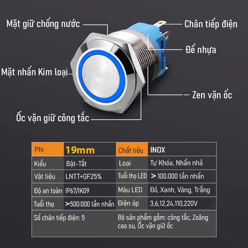 Nút công tắc INOX Nhấn nhả, Nhấn tự phục hồi 19mm Có đèn LED (3-6V, 12-24V, 110-220V)