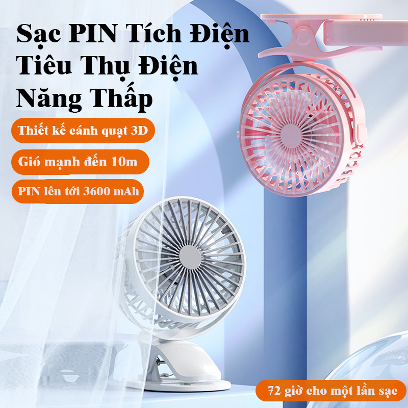 Quạt Mini kẹp bàn Tích Điện, êm ái, an toàn- D1394