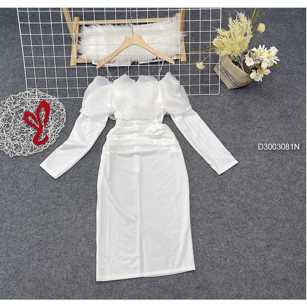 Đầm body bẹt vai ngực phối voan