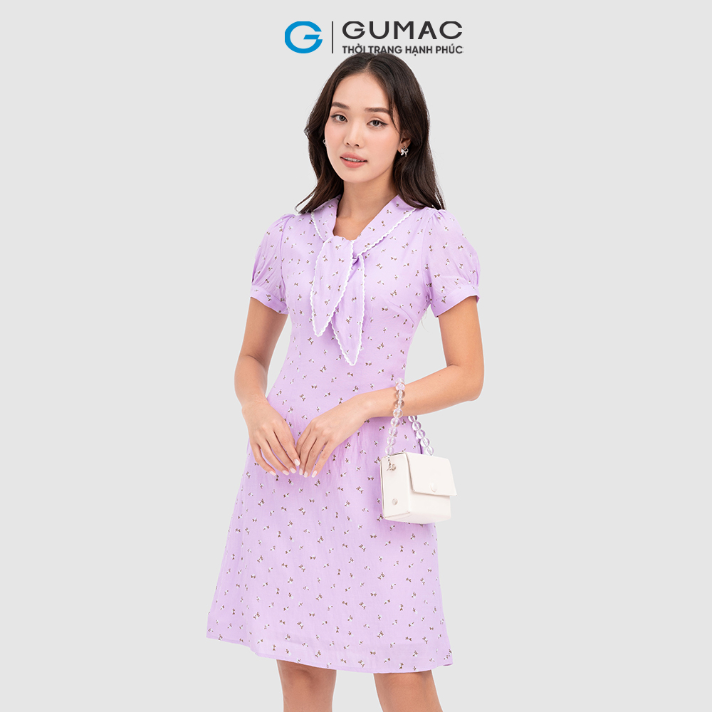 Đầm nơ cổ GUMAC DC10068 phối ren dịu dàng