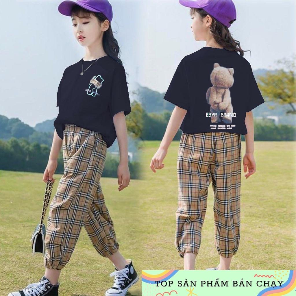 Set bộ thể thao bé gái size đại áo in gấu thun cotton quần caro bo lai cá tính mềm mát cho bé 10-50kg