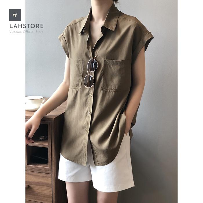 Áo sơ mi thô Linen nữ form rộng cổ bẻ 2 túi ngực trẻ trung LAHSTORE, thời trang phong cách Hàn Quốc
