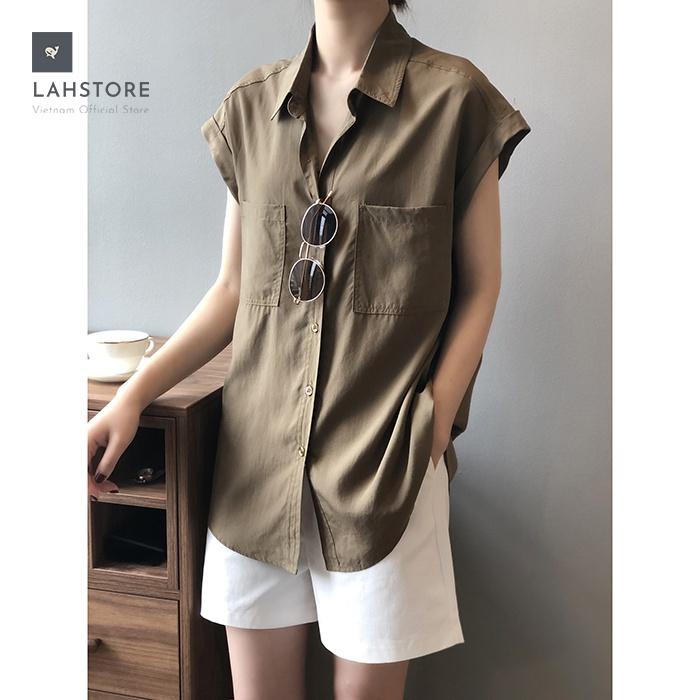 Áo sơ mi thô Linen nữ form rộng cổ bẻ 2 túi ngực trẻ trung LAHSTORE, thời trang phong cách Hàn Quốc