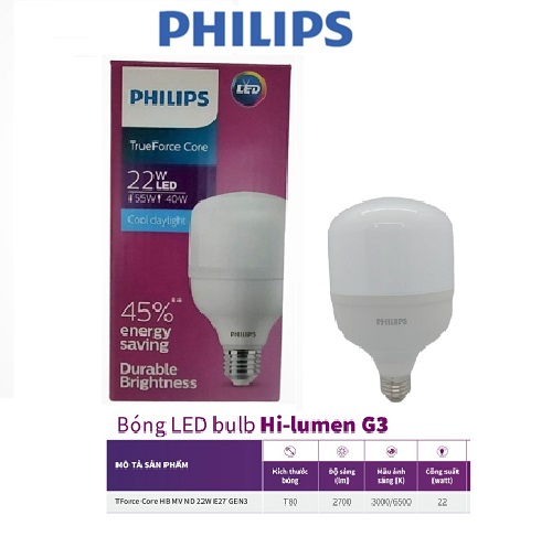 Bóng bulb trụ PHILIPS Tforce Core G3 (Thế hệ mới)- Hi Lumen (22W,30W,40W,50W)