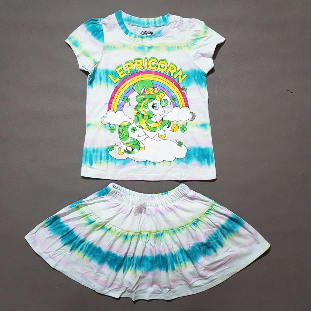 Bộ áo thun quần váy cotton loang màu mát mẻ dễ thương hình in pony unicorn bé gái