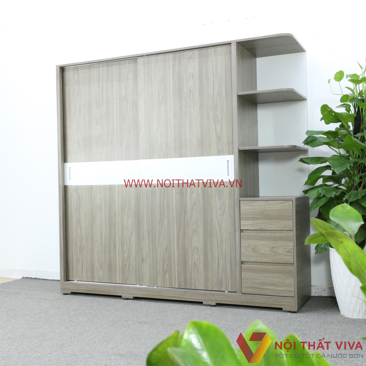 Tủ Quần Áo Cửa Lùa Gỗ MDF Melamine Có Kệ Trang Trí Màu Xám Chỉ Trắng Đẹp