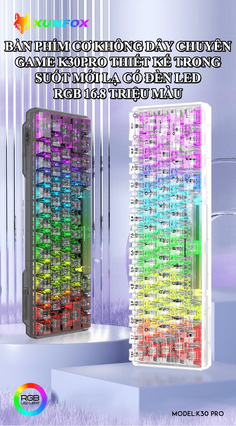Hình ảnh Bàn phím cơ không dây chuyên game XUNFOX K30PRO thiết kế trong suốt mới lạ kết nối 3 chế độ với 20 chế độ đèn led RGB 16.8 triệu màu cực đẹp - HN - HÀNG CHÍNH HÃNG