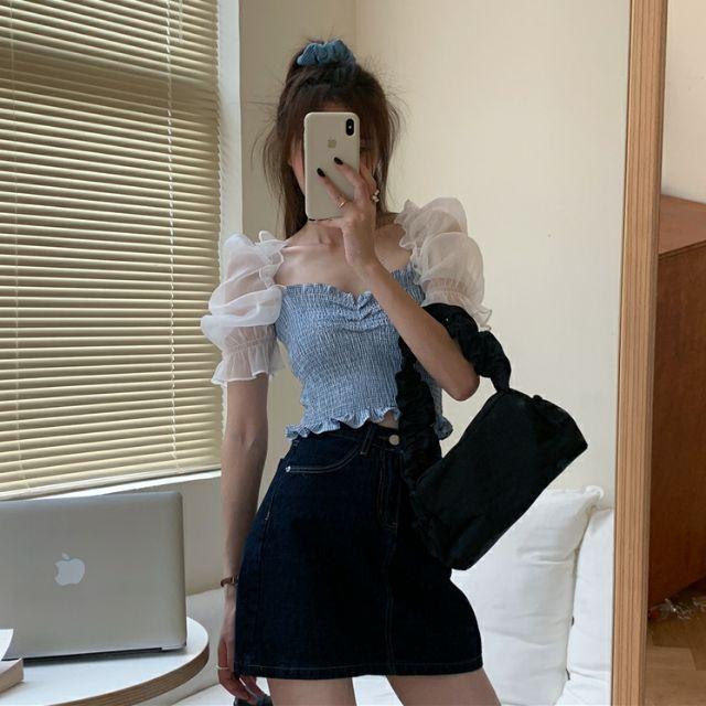 (SẴN) Áo croptop cổ vuông tay voan trắng