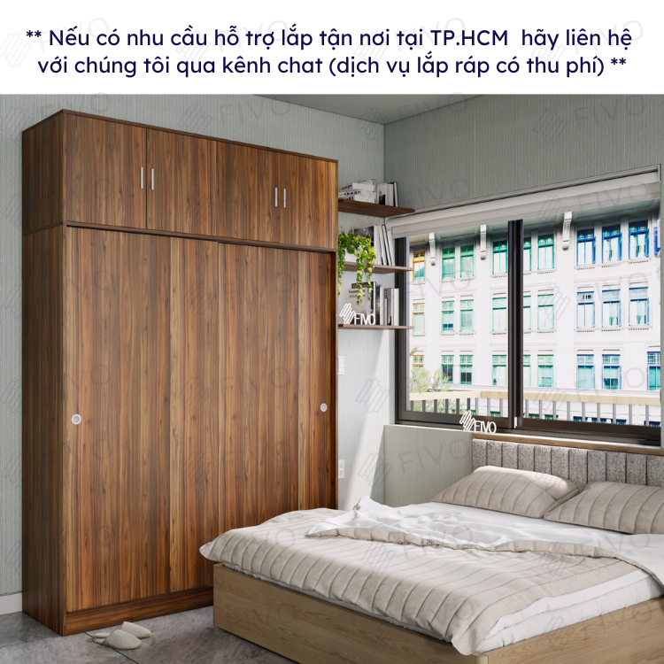 Tủ Áo Quần Cửa Lùa Sang Trọng Gỗ MDF Lõi Xanh Chống Ẩm FC31 FIVO Màu Walnut Ấm Cúng Cho Phòng Ngủ, Thiết Kế Rộng Rãi