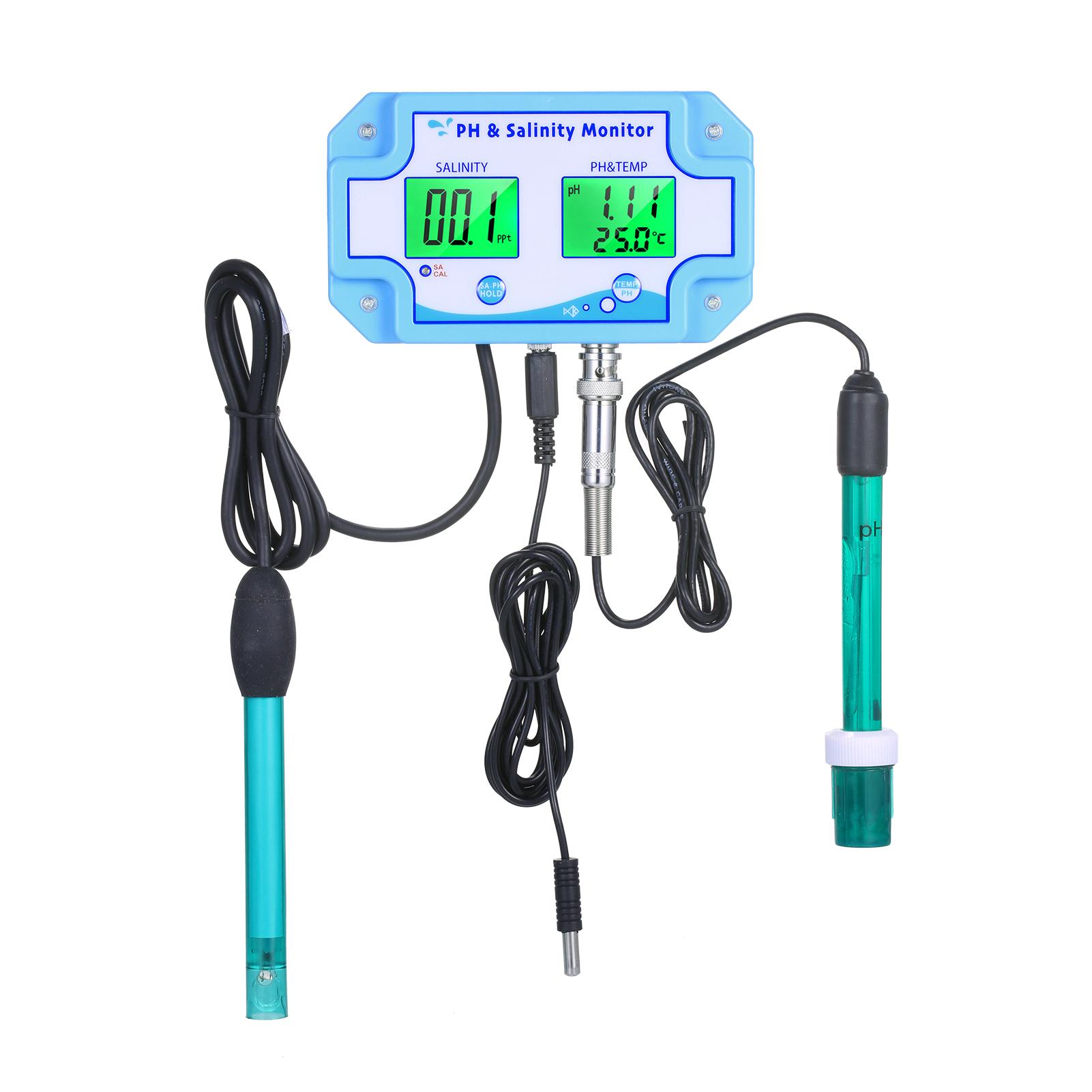 3-in-1 PH/Salinity/TEMP Water Quality Monitor Multi-functional pH & Salinity Monitor Temperature Meter Dual LCD Display
