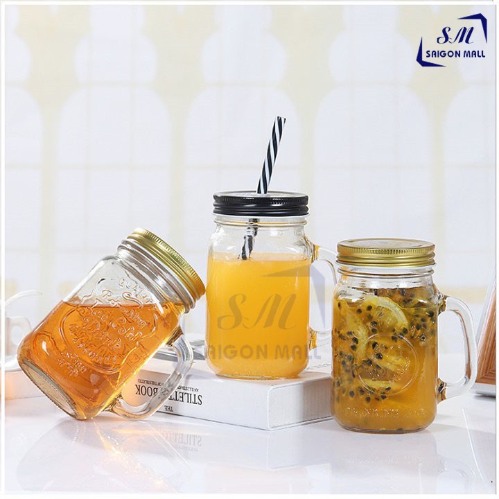 Ly cốc thủy tinh có nắp ống hút và quai cầm 450ml