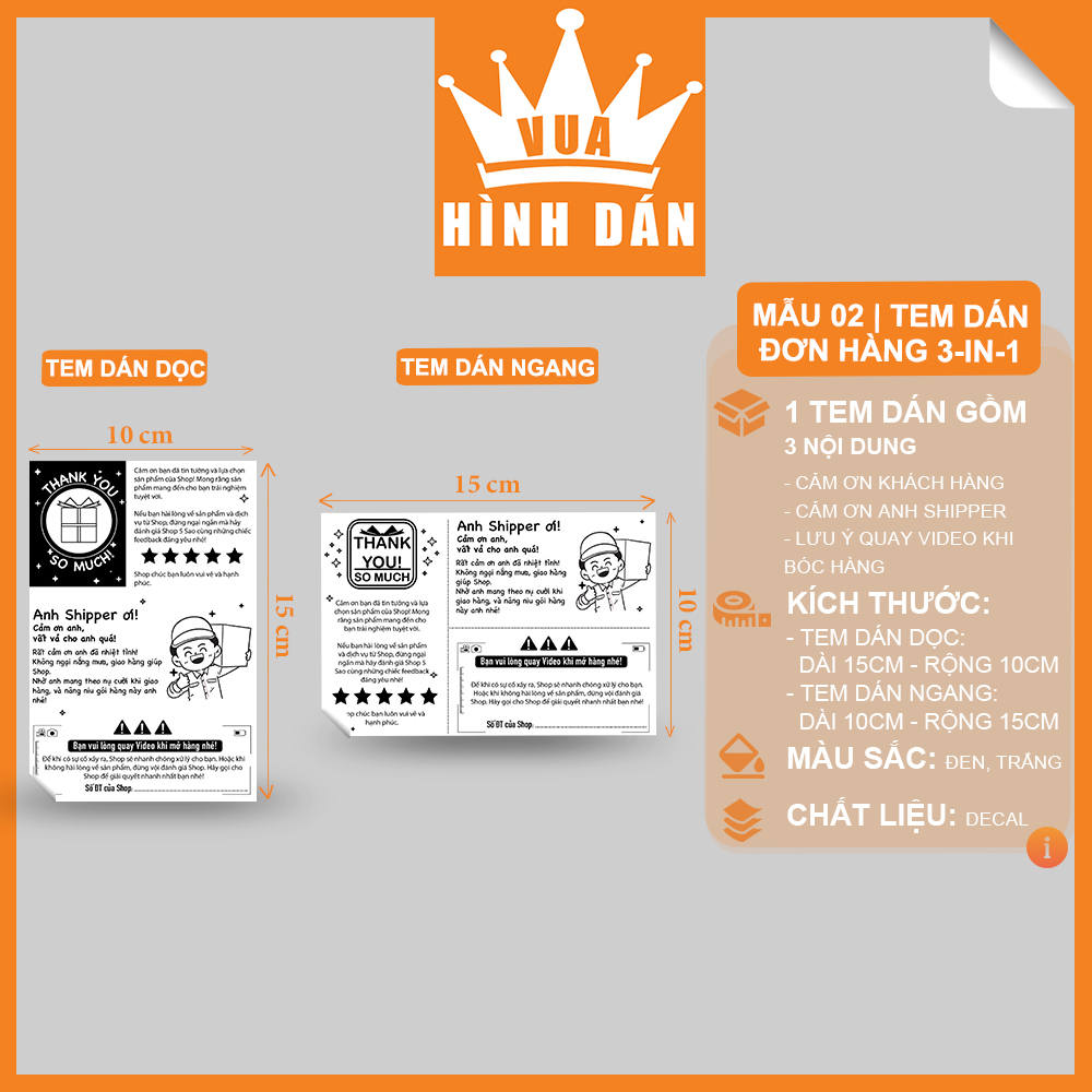 Set 50/100 tem / sticker / decal 15x10cm 3 in 1: Cám ơn khách, Gửi Shipper, mã đơn hàng, lưu ý khách khi mở hàng - dành cho shop