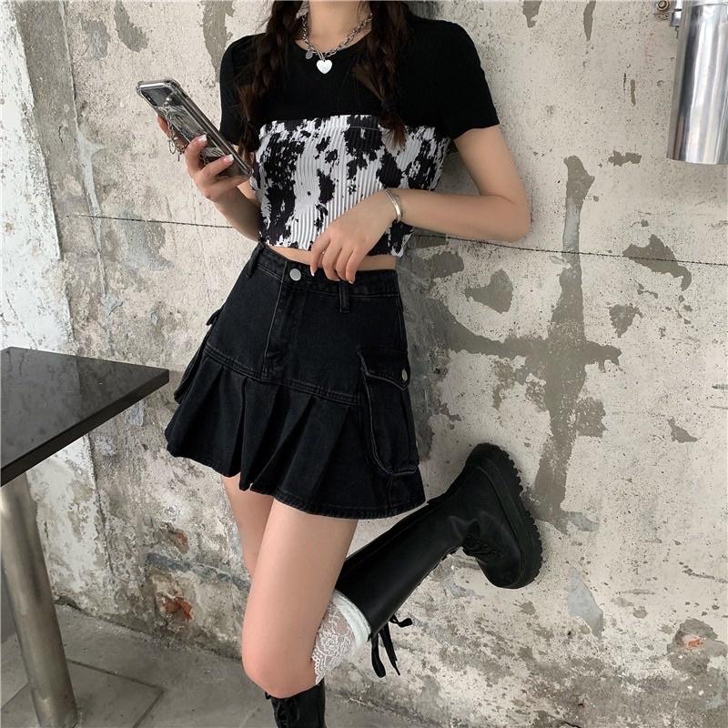 (SẴN L, XL) CHÂN VÁY JEAN XOÈ XẾP LY PHONG CÁCH RETRO V6