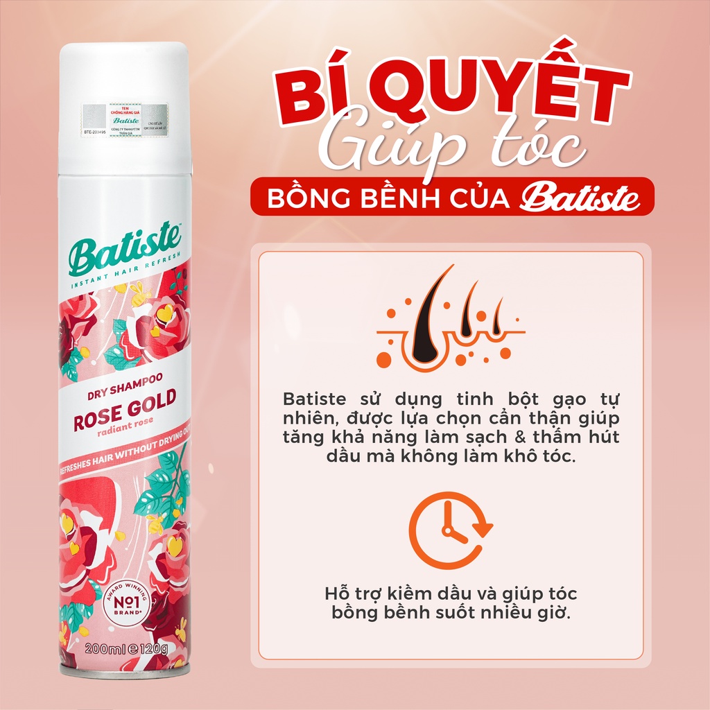 Dầu Gội Khô Batiste Hương Hoa Hồng - Batiste Dry Shampoo Rose Gold Radiant Rose 200ml