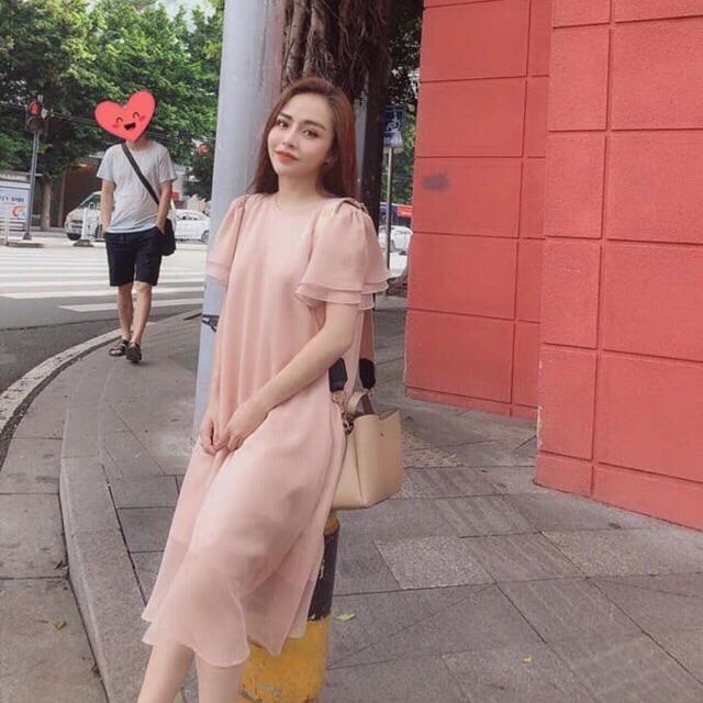 Váy bầu xinh suông thời trang thiết kế bầu bí 40-65kg chất lụa tơ màu hồng