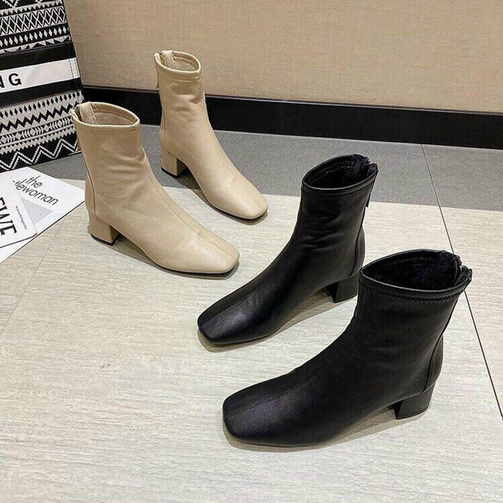 Bốt/ Boots Nữ Cổ Lửng Da Mềm Khoá Sau Vạt Gót vuông 5p  Kèm Tất Gấu Siêu Xinh