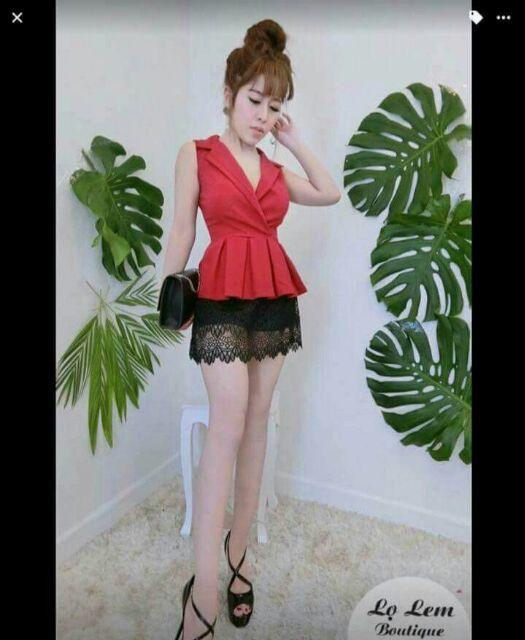 Sét vest đắp chéo váy ren gợn