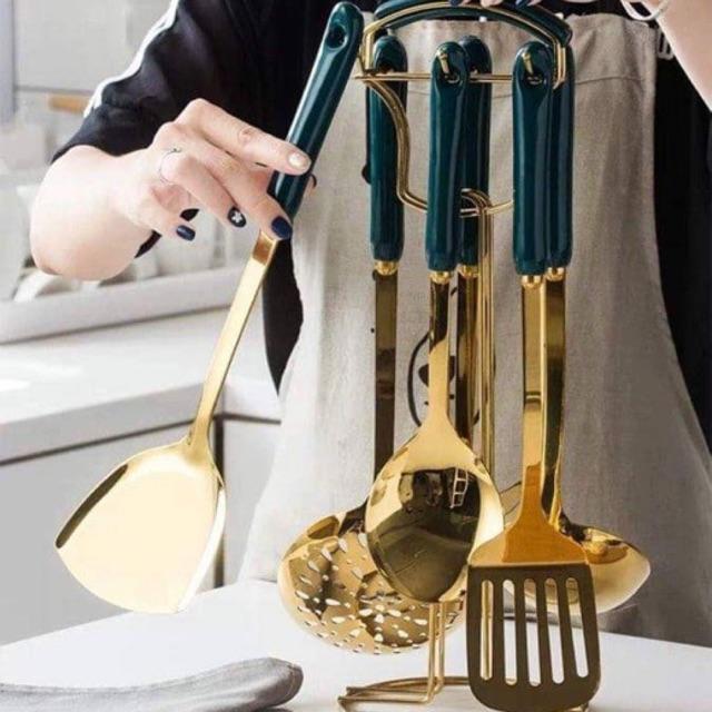 Bộ 7 món muỗng , thìa , đảo đồ ăn mạ vàng cao cấp