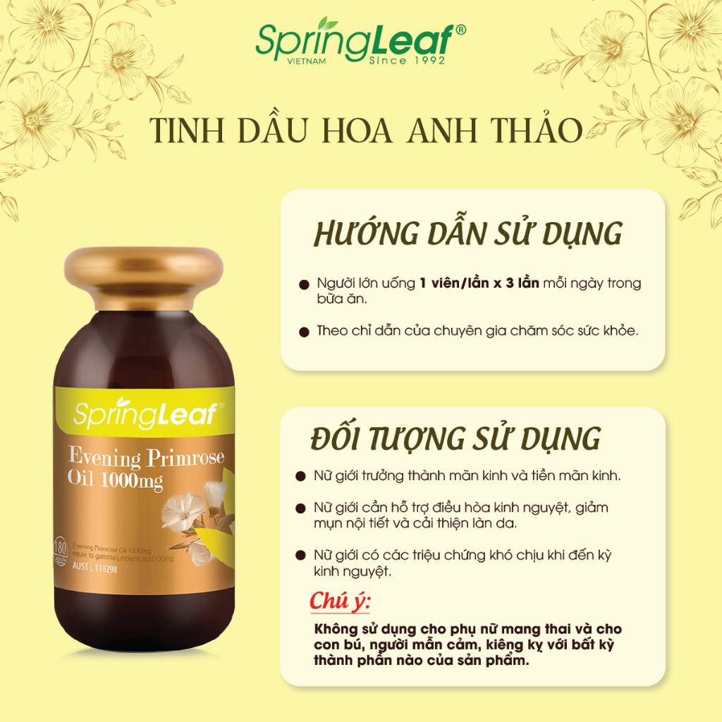 Tinh Dầu Hoa Anh Thảo Hỗ Trợ Cân Bằng Nội Tiết Tố Điều Hòa Kinh Nguyệt Evening Primrose Oil Springleaf Lọ 90/180 Viên