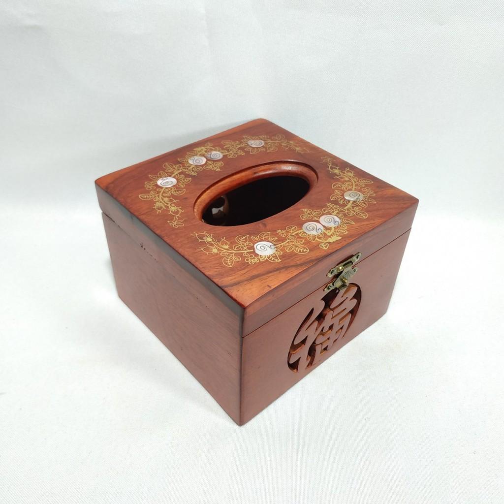 Hộp đựng giấy ăn Vuông ELAI GỖ HƯƠNG khảm hoa văn CAO CẤP