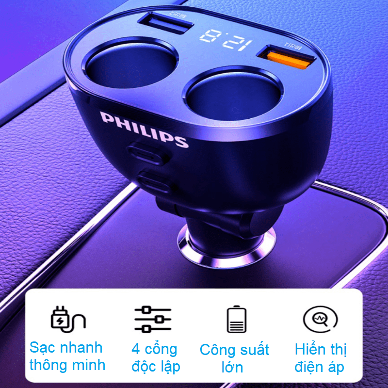 Bộ chia tẩu sạc ô tô cao cấp Philips DLP4007B/93 - Chế độ kết hợp 2 đầu ra - Bảo hành 24 tháng