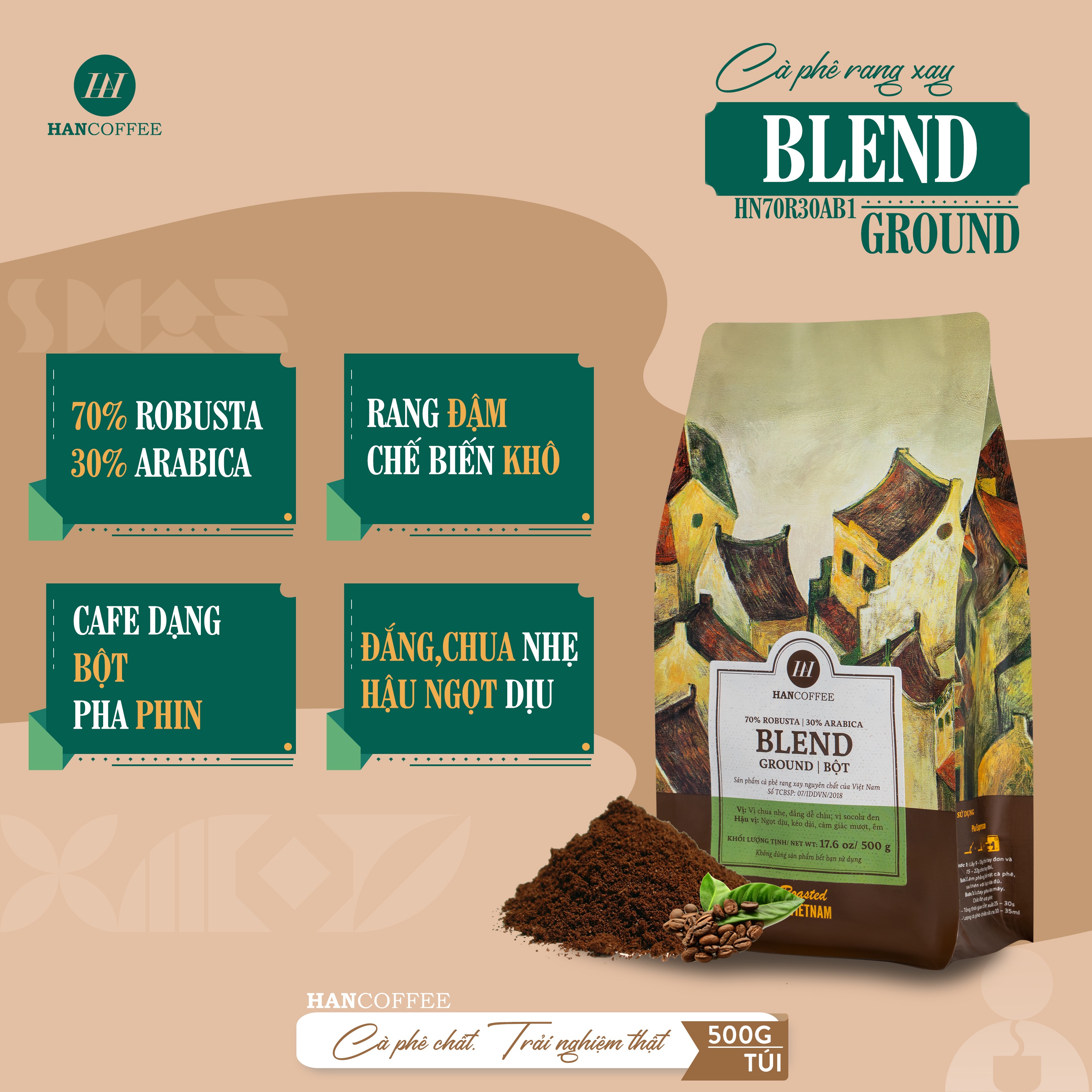 Cà Phê Arabica - Cafe Rang Mộc 100% HANCOFFEE Đắng Vừa, Chua Nhẹ, Ngọt Dịu, Dễ Uống Pha Phin - HN70R30AB1
