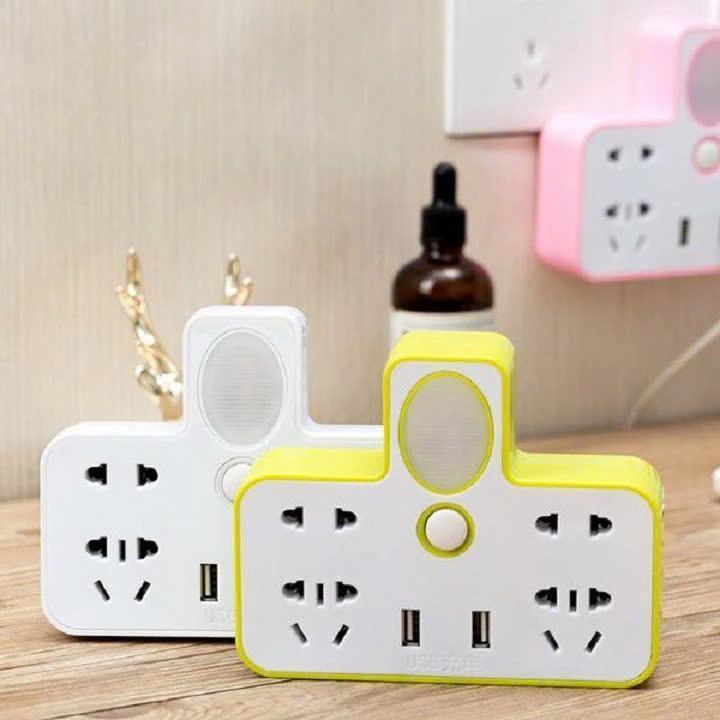 Ổ Cắm Điện Đa Năng Chữ T Siêu Tiện Dụng (4 Chấu + 2 Cổng USB) - Ổ Điện Tiện Lợi Kết Hợp Đèn Ngủ