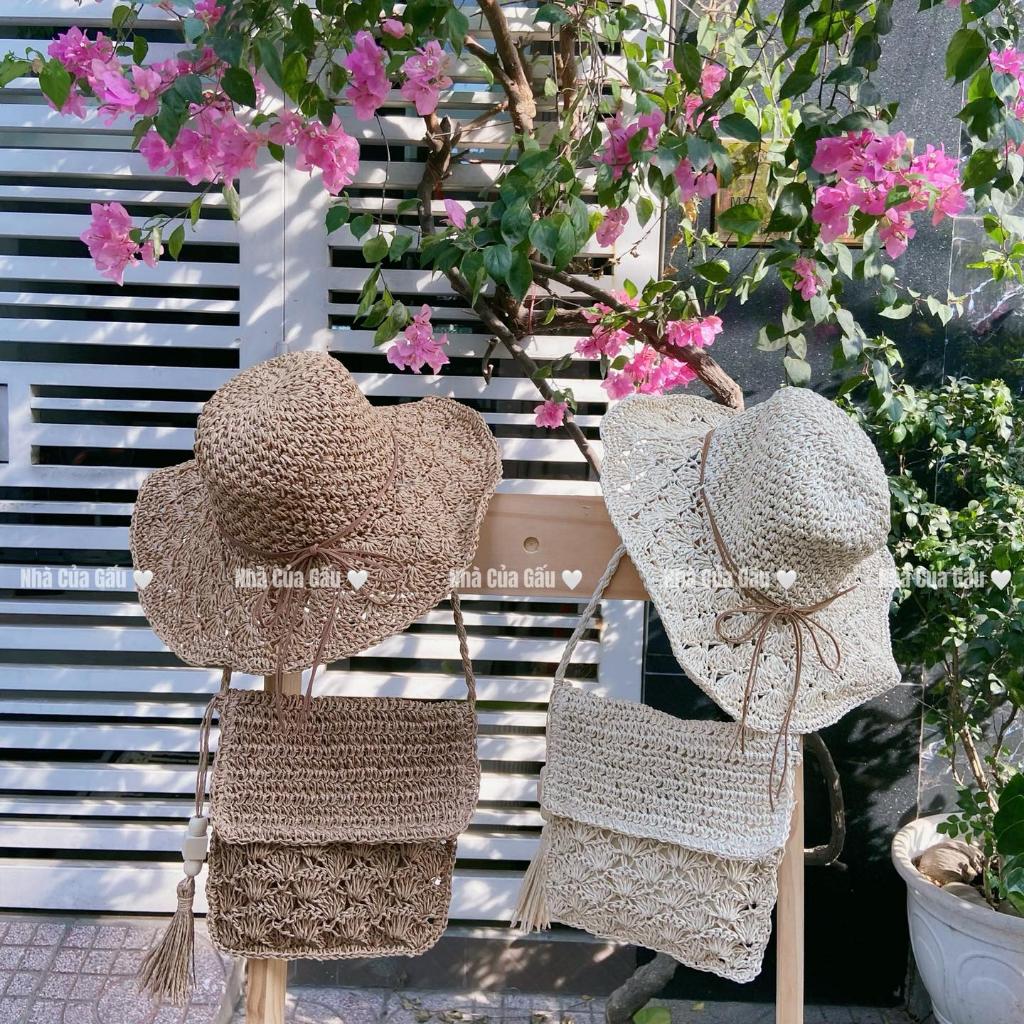 Set túi cói, nón cói hộp thư đeo chéo đeo vai đều đẹp