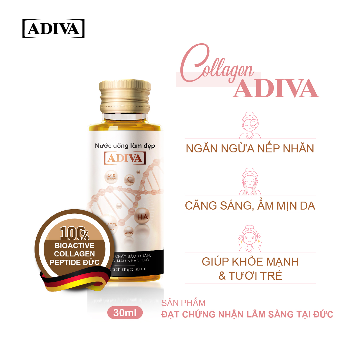 Combo 4 Hộp Nước Uống Làm Đẹp Collagen ADIVA (14 Chai/Hộp)- Giúp Làn Da Săn Chắc, Ảm Mịn Và Căng Bóng