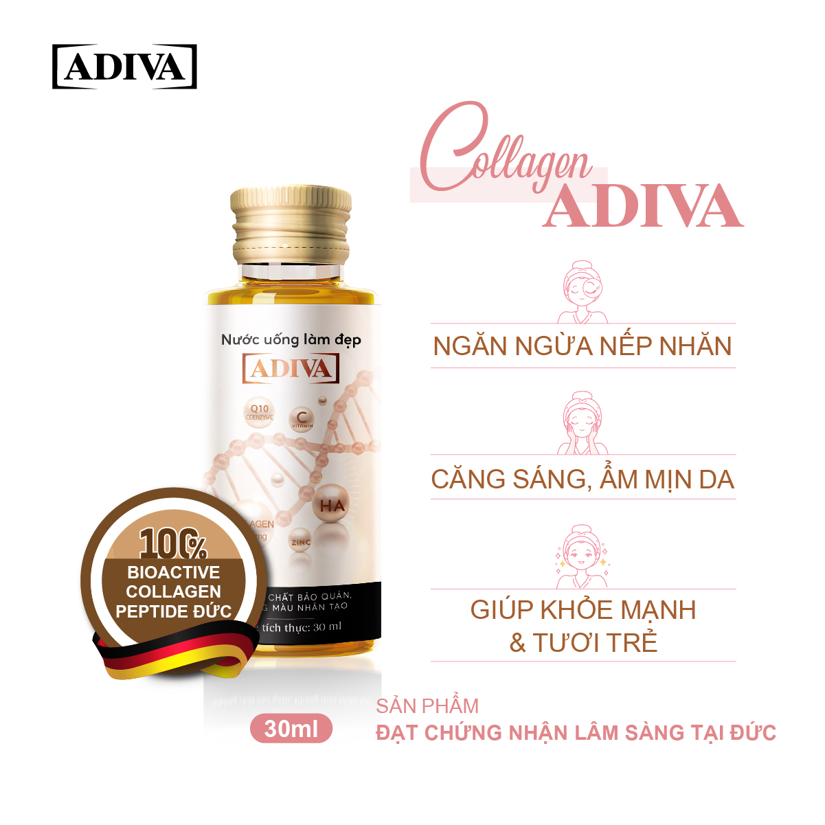 Nước Uống Làm Đẹp Collagen ADIVA (8 Chai/Hộp)- Giúp Làn Da Săn Chắc, Ảm Mịn Và Căng Bóng
