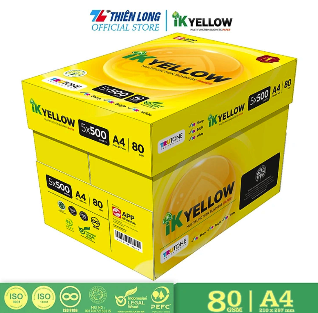 Combo 5 Ream giấy IK Yellow đa năng A4 80 gsm (500 tờ) - Hàng nhập khẩu Indonesia Hàng nguyên Thùng Chất lượng cao