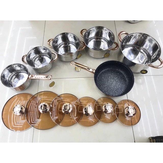 BỘ NỒI ĐỨC 6 MÓN 12 CHI TIẾT CAO CẤP DÙNG ĐƯỢC CHO MỌI LOẠI BẾP